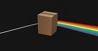 A box, signifying a returned item to a retailer, with a rainbow coming out of the right